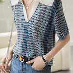 Exquisite jacquard Polo neck short-sleeve knitted sweater - liwisi