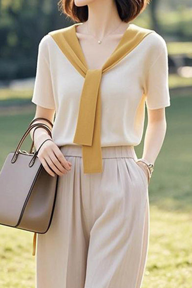 Elegant Tie Design Short-sleeve Knitwear - liwisi