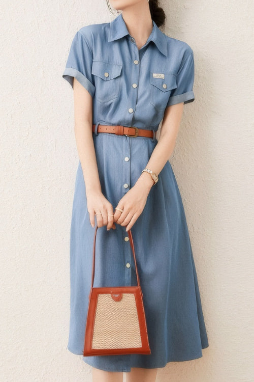 Vintage Elegant Fitted Denim Dress - liwisi