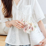 Versatile Embroidered Spliced Short-sleeve Shirt - liwisi