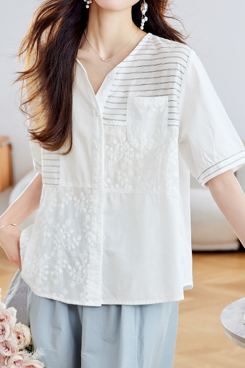 Versatile Embroidered Spliced Short-sleeve Shirt - liwisi