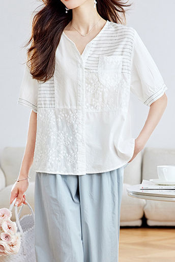 Versatile Embroidered Spliced Short-sleeve Shirt - liwisi