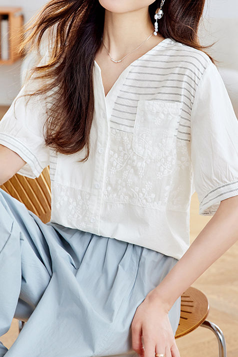 Versatile Embroidered Spliced Short-sleeve Shirt - liwisi