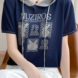 Fashionable Versatile Hooded Short-sleeve Knit Top - liwisi