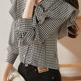 Stylish Houndstooth Ruffled Shirt