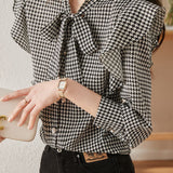 Stylish Houndstooth Ruffled Shirt