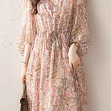 Elegant Floral Print Short-Sleeve (5/8 Length) Dress