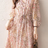 Elegant Floral Print Short-Sleeve (5/8 Length) Dress