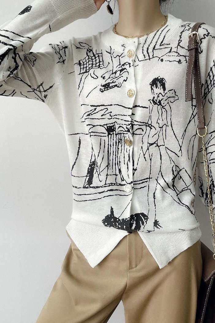 Versatile Printed Long-Sleeve Knit Cardigan - liwisi