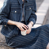 Fashionable Minimalist Striped Long-Sleeve Denim Jacket - liwisi
