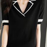 Minimalist Color Block Polo Knit Top