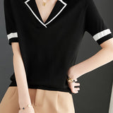 Minimalist Color Block Polo Knit Top
