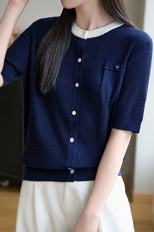 Simple Paneled Short-Sleeve Knit Top - liwisi