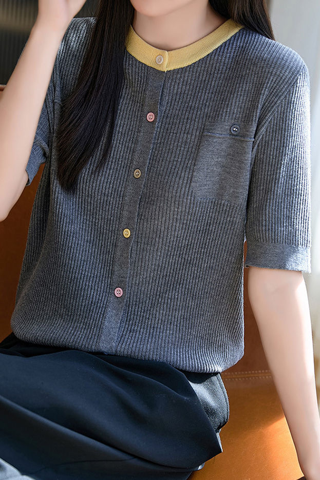 Simple Paneled Short-Sleeve Knit Top - liwisi