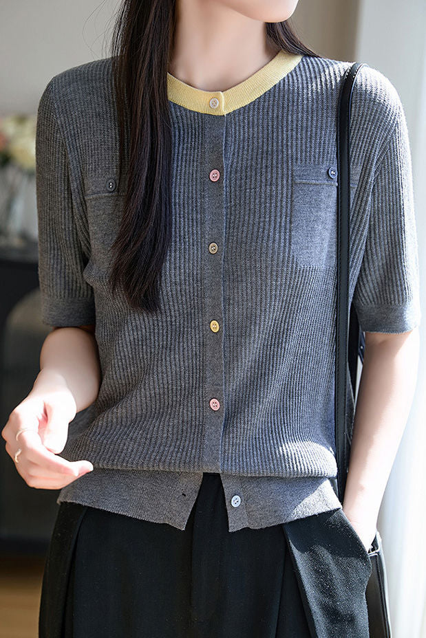 Simple Paneled Short-Sleeve Knit Top - liwisi