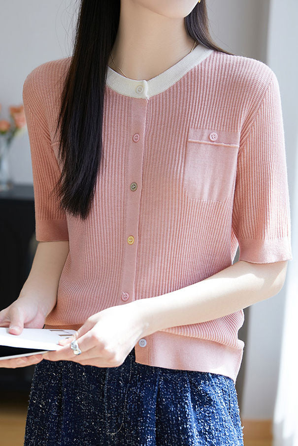 Simple Paneled Short-Sleeve Knit Top - liwisi
