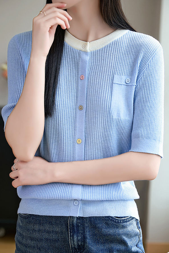 Simple Paneled Short-Sleeve Knit Top - liwisi