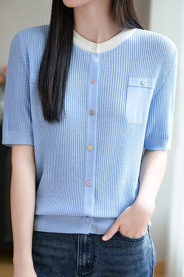 Simple Paneled Short-Sleeve Knit Top - liwisi