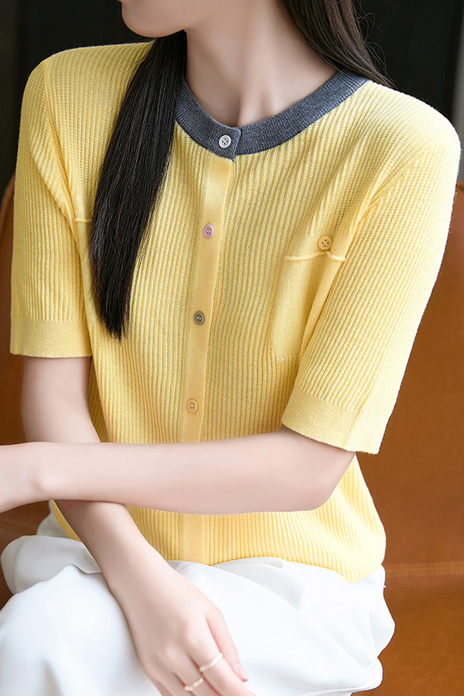 Simple Paneled Short-Sleeve Knit Top - liwisi