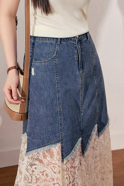 Stylish Lace-Paneled Denim Skirt - liwisi