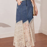 Stylish Lace-Paneled Denim Skirt - liwisi