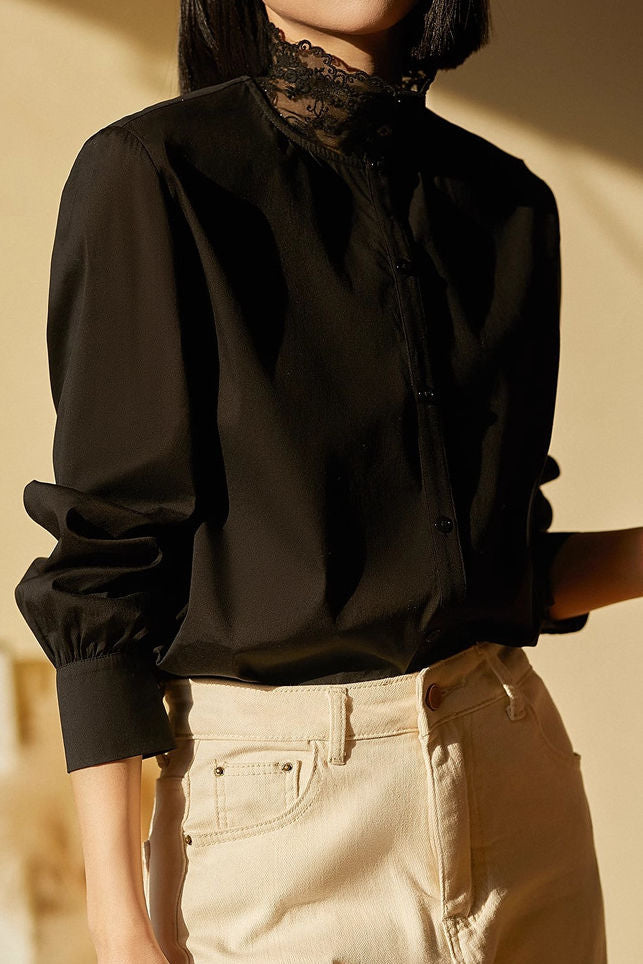 Early Autumn Elegant Lace-Paneled Long-Sleeve Shirt - liwisi
