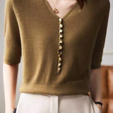 Casual Office-Ready V-Neck Three-Quarter Sleeve Knit Top - liwisi