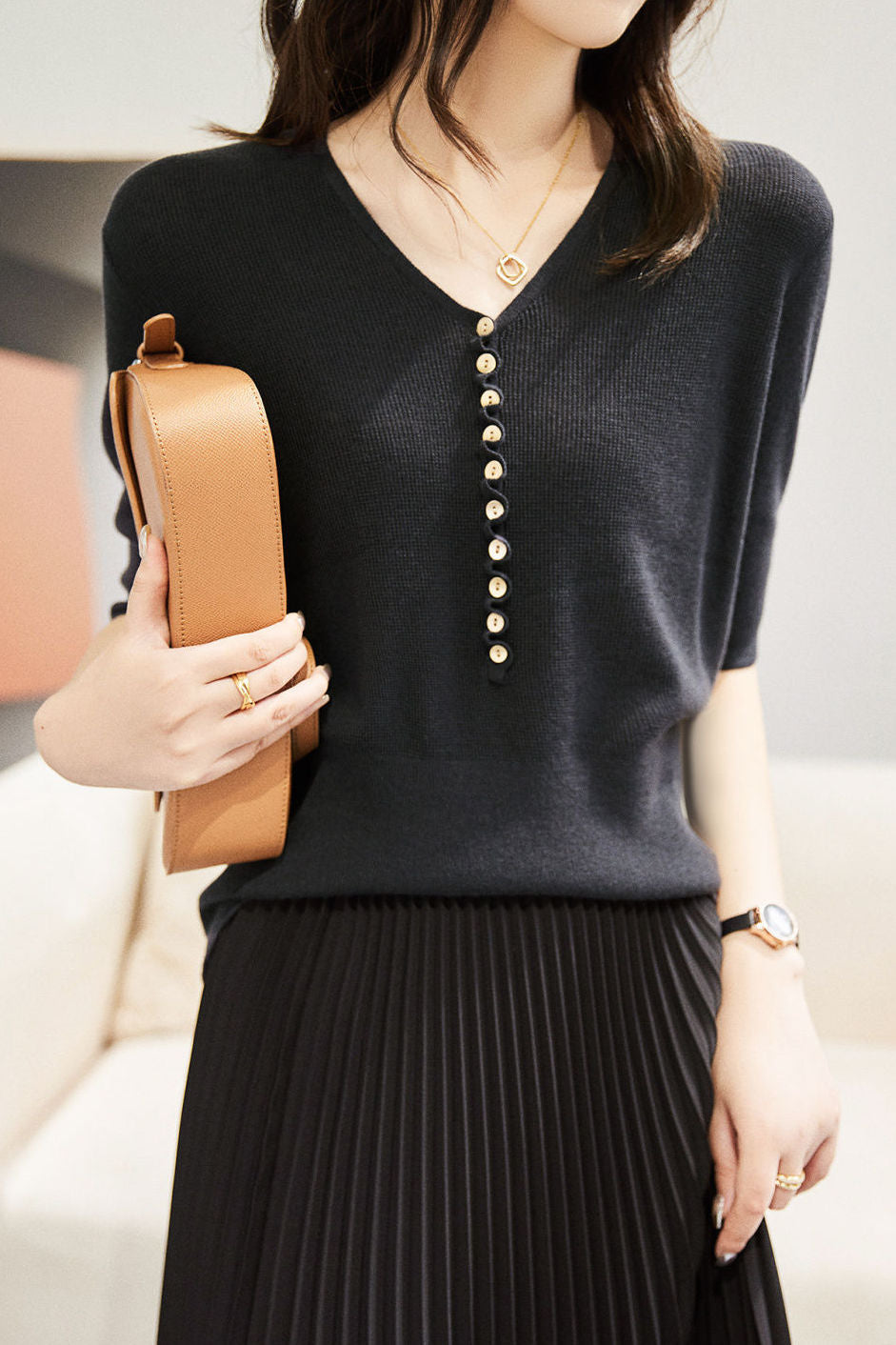Casual Office-Ready V-Neck Three-Quarter Sleeve Knit Top - liwisi