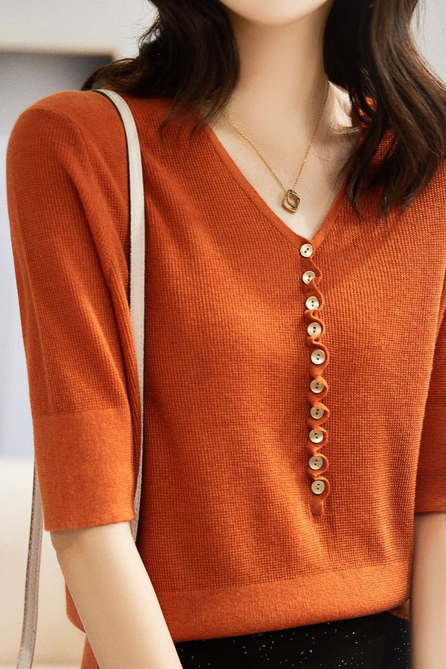 Casual Office-Ready V-Neck Three-Quarter Sleeve Knit Top - liwisi