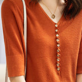 Casual Office-Ready V-Neck Three-Quarter Sleeve Knit Top - liwisi