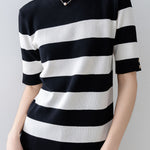 Elegant Office-Ready Black-White Color-Block Striped Short-Sleeve Knit Top - liwisi