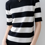 Elegant Office-Ready Black-White Color-Block Striped Short-Sleeve Knit Top - liwisi
