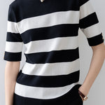 Elegant Office-Ready Black-White Color-Block Striped Short-Sleeve Knit Top - liwisi