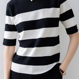 Elegant Office-Ready Black-White Color-Block Striped Short-Sleeve Knit Top - liwisi