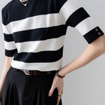 Elegant Office-Ready Black-White Color-Block Striped Short-Sleeve Knit Top - liwisi