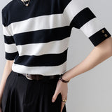 Elegant Office-Ready Black-White Color-Block Striped Short-Sleeve Knit Top - liwisi