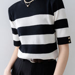 Elegant Office-Ready Black-White Color-Block Striped Short-Sleeve Knit Top - liwisi
