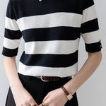 Elegant Office-Ready Black-White Color-Block Striped Short-Sleeve Knit Top - liwisi