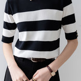 Elegant Office-Ready Black-White Color-Block Striped Short-Sleeve Knit Top - liwisi