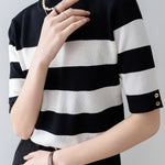 Elegant Office-Ready Black-White Color-Block Striped Short-Sleeve Knit Top - liwisi