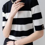 Elegant Office-Ready Black-White Color-Block Striped Short-Sleeve Knit Top - liwisi