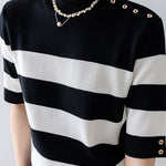Elegant Office-Ready Black-White Color-Block Striped Short-Sleeve Knit Top - liwisi