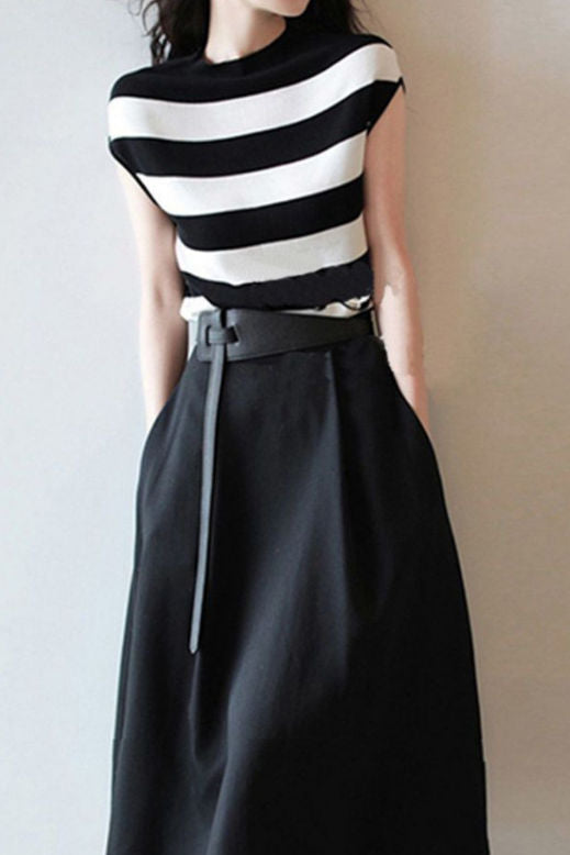 Elegant Office-Ready Striped Top & A-Line Skirt Set - liwisi