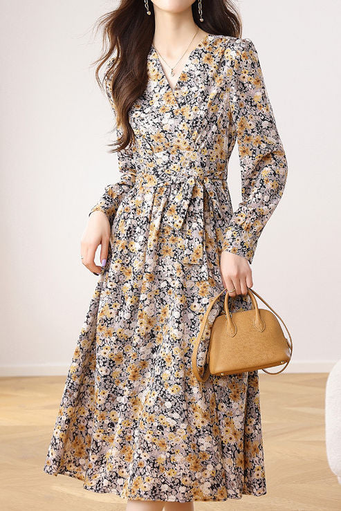 Early Autumn French Floral Maxi Dress - liwisi