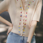French Embroidered Button Knit Sweater - liwisi