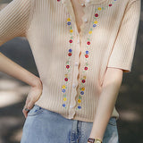 French Embroidered Button Knit Sweater - liwisi