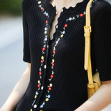 French Embroidered Button Knit Sweater - liwisi