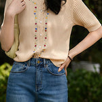 French Embroidered Button Knit Sweater - liwisi