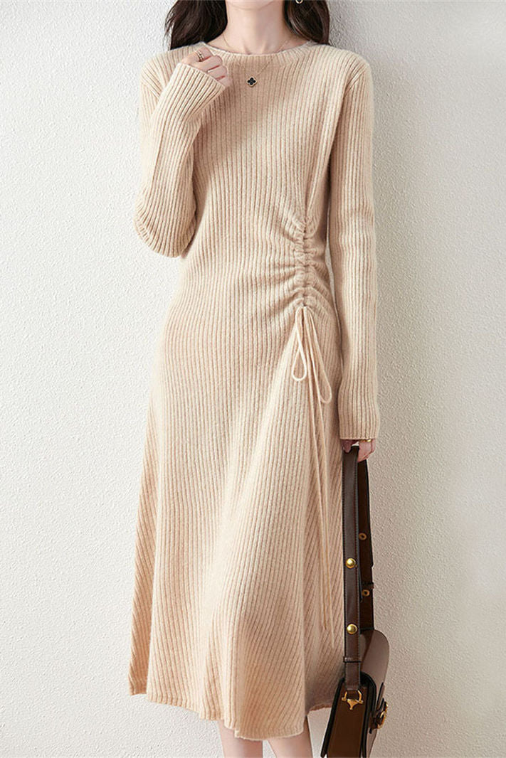 Early Autumn Elegant Drawstring Slim Knit Dress - liwisi