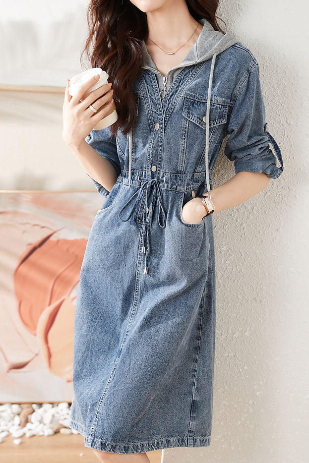 hooded denim dress Denim Dress / Sleeveless Blue Dress with hood / Long Blue Denim Dress : The Soul of The Orient Collection No.4